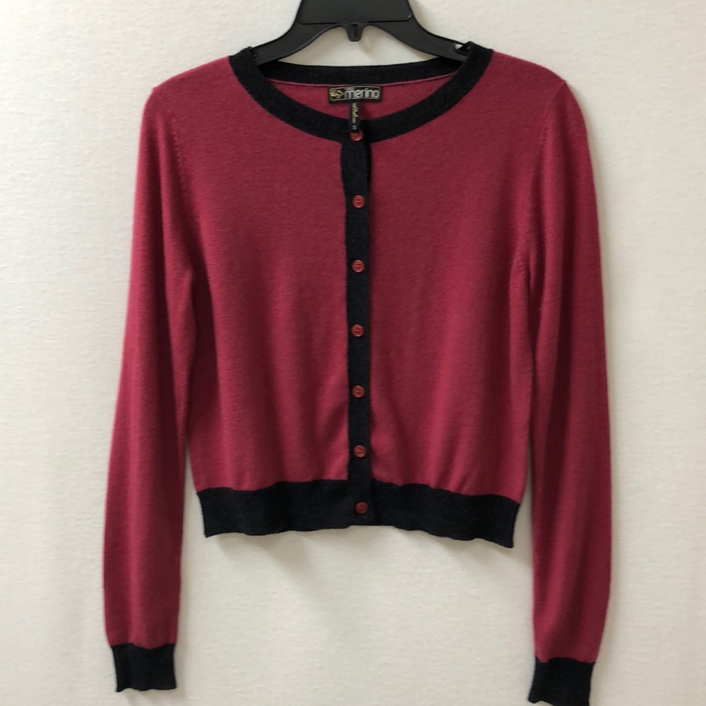 Purely Merino Berry and Charcoal Cardigan Small